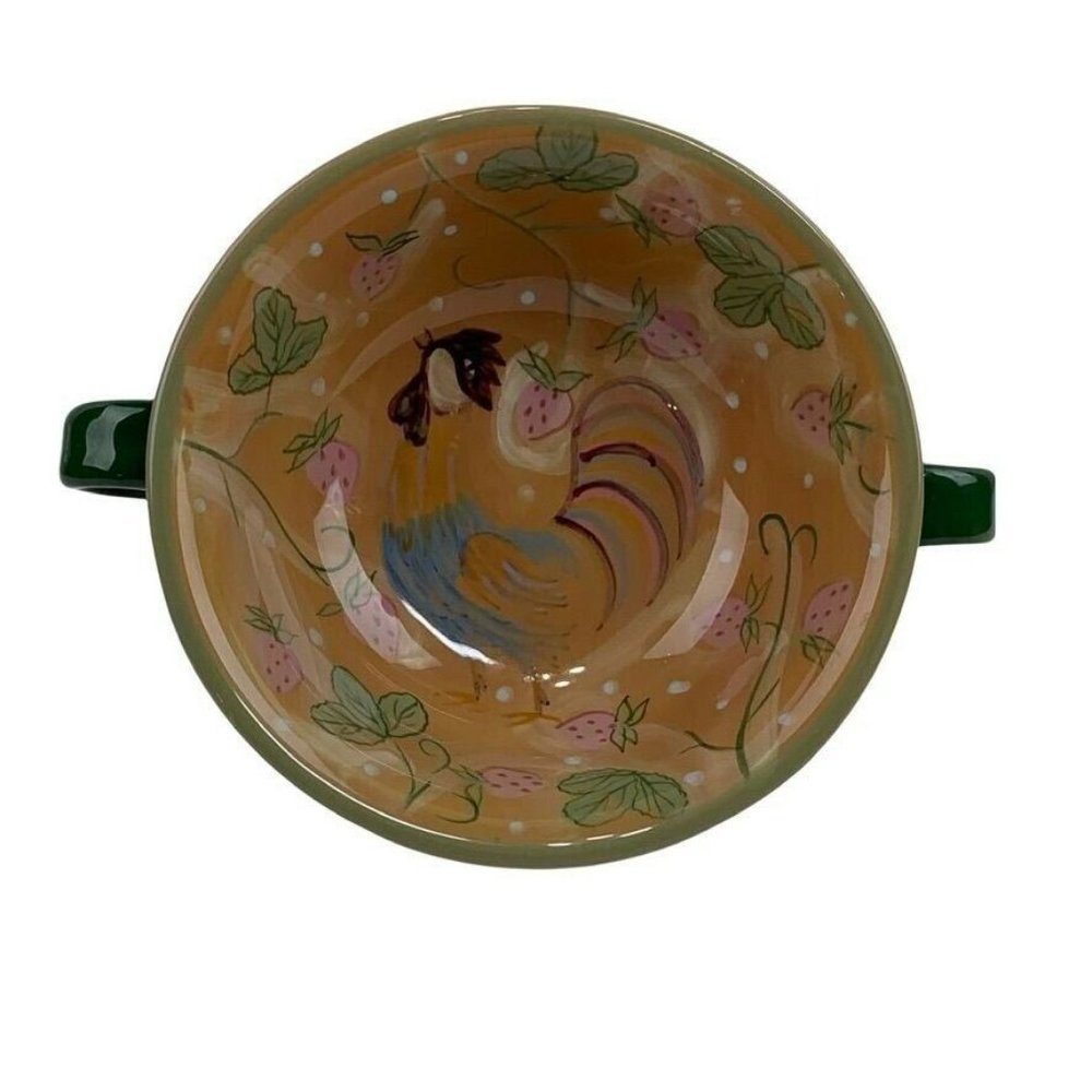Danna Cullen Footed Rooster Cereal Soup‎ Bowl Strawberries Handles 6" Colorful